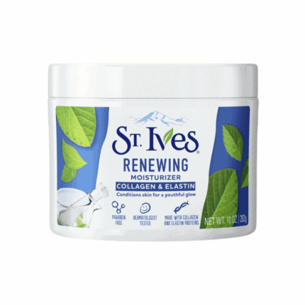 St. Ives Renewing Moisturizer with Collagen and Elastin in white tub on a plain background