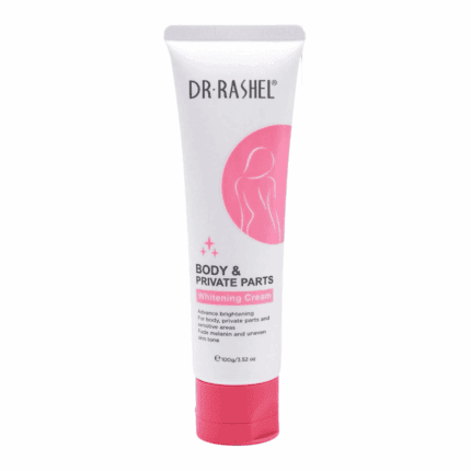 Dr. Rashel body and private parts whitening cream tube with white and pink packaging on plain background