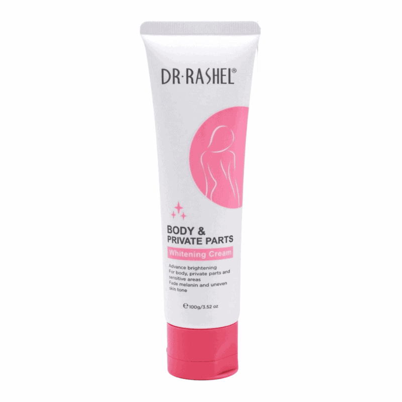 Dr. Rashel body and private parts whitening cream tube with white and pink packaging on plain background