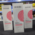 Multiple Dr. Rashel body and private parts whitening cream boxes arranged on retail counter