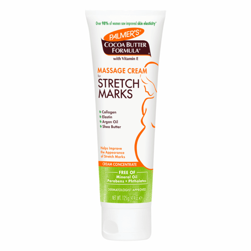 Palmer’s Cocoa Butter Formula Massage Cream tube for stretch marks with vitamin E, collagen, elastin, and shea butter