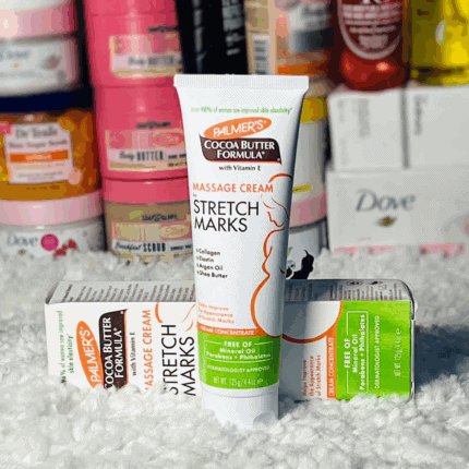 Palmer’s Cocoa Butter Stretch Marks Massage Cream displayed with box packaging on textured surface in retail setting