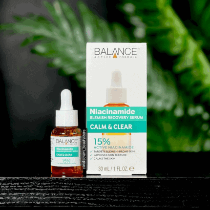 Balance Active Formula Niacinamide Blemish Recovery Serum 15 percent with box and bottle product display
