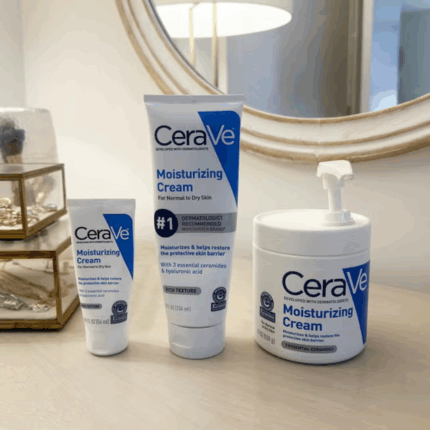 CeraVe Moisturizing Cream range showing 56ml tube, 236ml tube, and large jar for normal to dry skin