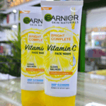 Two Garnier Bright Complete Vitamin C face wash tubes displayed on store counter