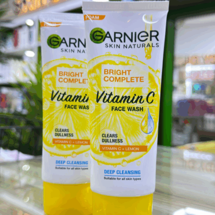 Two Garnier Bright Complete Vitamin C face wash tubes displayed on store counter