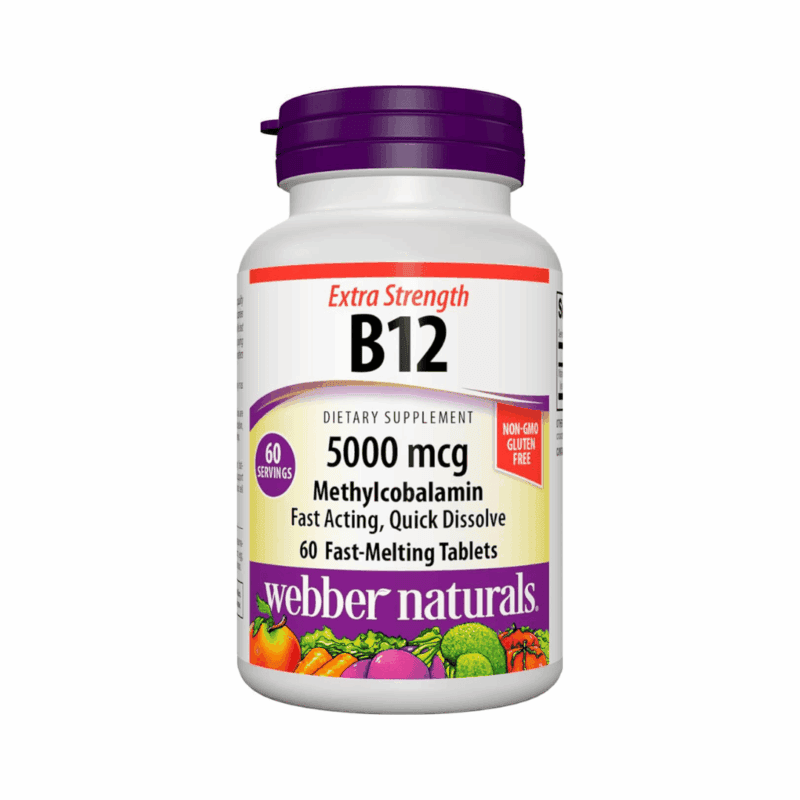 Webber Naturals extra strength vitamin B12 5000 mcg methylcobalamin fast-melting tablets bottle front view