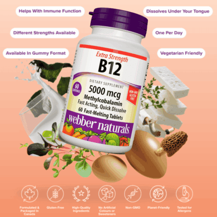 Webber Naturals B12 5000 mcg supplement showing immune support, quick dissolve, vegetarian friendly and daily use benefits