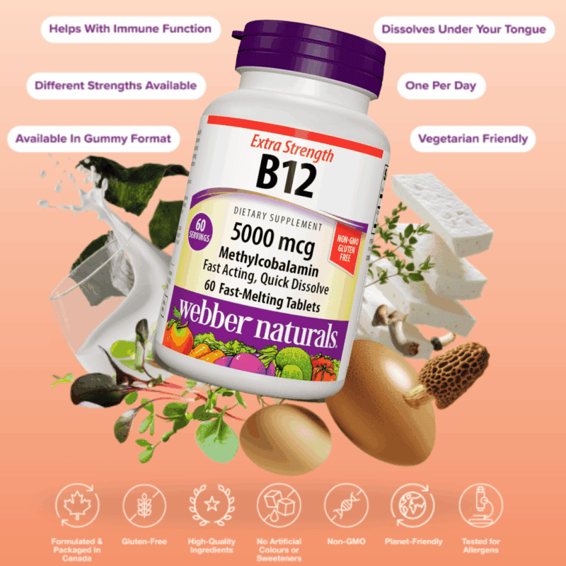 Webber Naturals B12 5000 mcg supplement showing immune support, quick dissolve, vegetarian friendly and daily use benefits