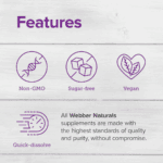 Webber Naturals vitamin B12 supplement features including non-GMO, sugar-free, vegan and quick dissolve tablets