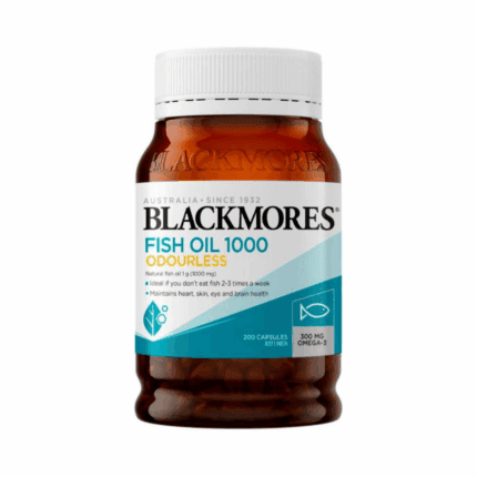 Blackmores Fish Oil 1000 odourless 200 capsules bottle front view on white background