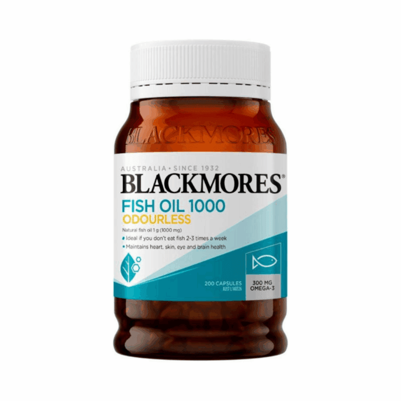 Blackmores Fish Oil 1000 odourless 200 capsules bottle front view on white background