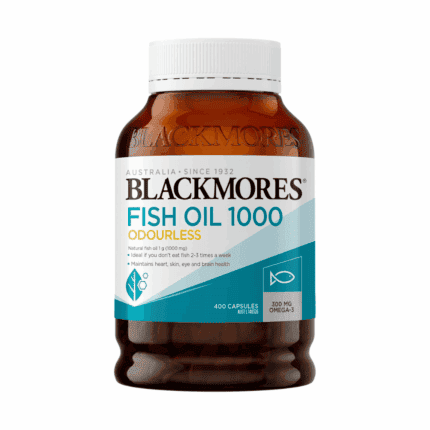 Blackmores Fish Oil 1000 odourless 400 capsules bottle front view on white background