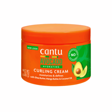 Cantu avocado hydrating curling cream jar with orange lid and avocado graphic
