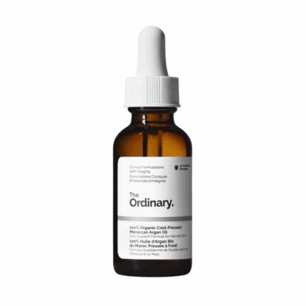 The Ordinary 100% Organic Cold-Pressed Moroccan Argan Oil 30ml glass dropper bottle on white background