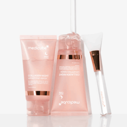 Medicube Collagen Night Wrapping Mask with applicator brush and collagen skincare set.