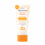 Aveeno Protect + Hydrate SPF 30 sunscreen tube isolated on a plain white background, highlighting packaging and branding