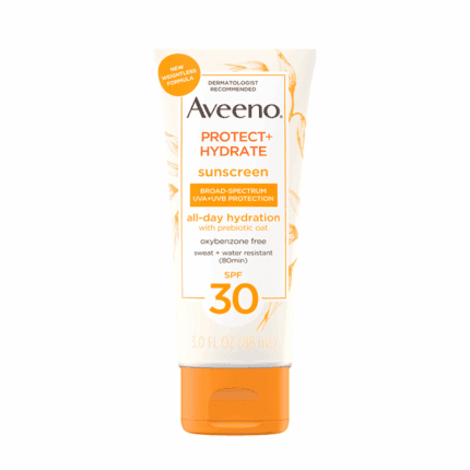 Aveeno Protect + Hydrate SPF 30 sunscreen tube isolated on a plain white background, highlighting packaging and branding