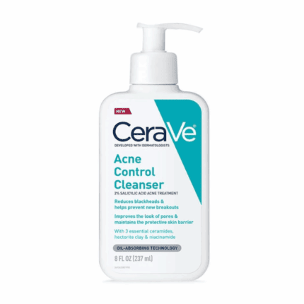 A pump bottle of CeraVe Acne Control Cleanser with teal and white packaging, formulated with salicylic acid to reduce acne, control oil, and help prevent breakouts while maintaining the skin barrier.