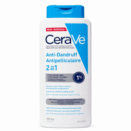 CeraVe Anti Dandruff 2 in 1 shampoo 355ml bottle with pyrithione zinc 1 percent, helps remove flakes and maintain scalp barrier for healthy hair.