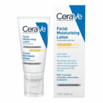A tube and box of CeraVe Facial Moisturising Lotion AM SPF 50, designed for normal to dry skin, featuring lightweight daily hydration, broad-spectrum UV protection, and ingredients like ceramides, niacinamide, and vitamin E.