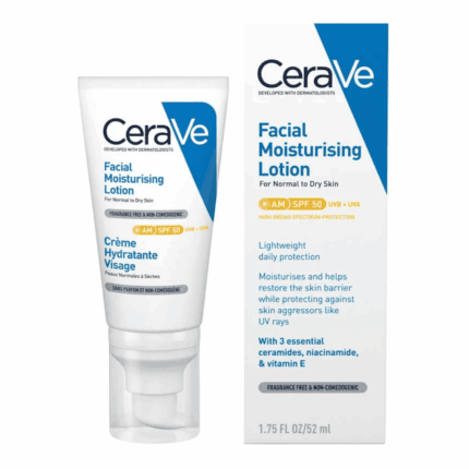 A tube and box of CeraVe Facial Moisturising Lotion AM SPF 50, designed for normal to dry skin, featuring lightweight daily hydration, broad-spectrum UV protection, and ingredients like ceramides, niacinamide, and vitamin E.