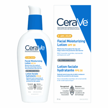 CeraVe AM Facial Moisturizing Lotion SPF 30 bottle next to its box on a white background for normal to dry skin.