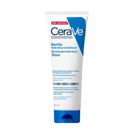 A tube of CeraVe Gentle Hydrating Conditioner 266ml with a white and blue design, formulated with ceramides and hyaluronic acid to gently condition hair and support the scalp barrier, shown against a plain background.