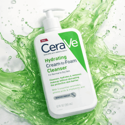 CeraVe Hydrating Cream to Foam Cleanser 355ml for normal to dry skin with ceramides and hyaluronic acid, makeup removing face wash with green liquid splash background.