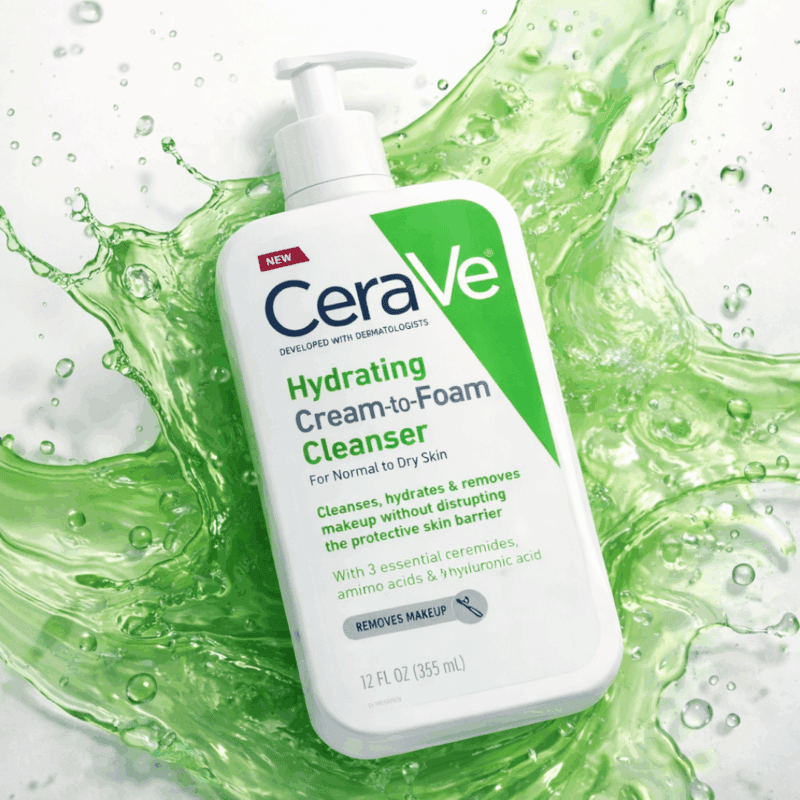 CeraVe Hydrating Cream to Foam Cleanser 355ml for normal to dry skin with ceramides and hyaluronic acid, makeup removing face wash with green liquid splash background.