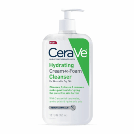 CeraVe Hydrating Cream to Foam Cleanser 355ml bottle for normal to dry skin, gentle face wash with ceramides and hyaluronic acid that removes makeup and hydrates skin.