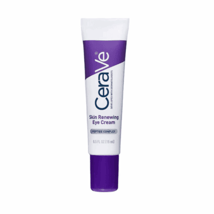 A tube of CeraVe Skin Renewing Eye Cream featuring a white and purple design, labeled with peptide complex and designed for under-eye care, shown against a plain background.