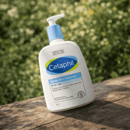 Cetaphil Gentle Skin Cleanser 500ml bottle placed outdoors on a wooden surface with green plants background, gentle soap free cleanser for sensitive skin.
