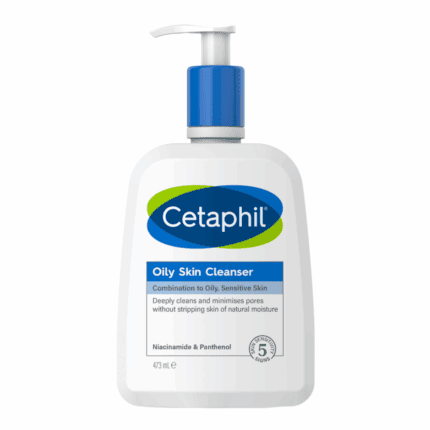 Large pump bottle of Cetaphil Oily Skin Cleanser 473ml for combination to oily sensitive skin, formulated with niacinamide and panthenol to gently cleanse and minimize pores without drying.