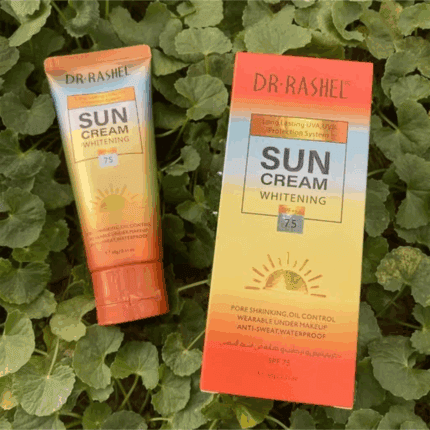 Dr Rashel Sun Cream Whitening SPF 75 60g sunscreen with box packaging placed on green leaves, providing UVA UVB protection, oil control, waterproof sunblock for daily use.