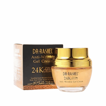 A jar and box of Dr. Rashel 24K Gold Collagen Anti-Wrinkle Gel Cream (50ml) with gold-toned packaging, designed to reduce wrinkles and promote youthful-looking skin, displayed against a clean background.