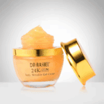 An open jar of Dr. Rashel 24K Gold Collagen Anti-Wrinkle Gel Cream with a golden lid placed beside it, showing the gel texture and luxurious gold-toned packaging against a clean background.