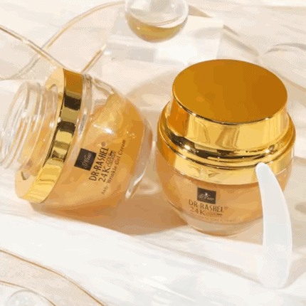 Two jars of Dr. Rashel 24K Gold Collagen Anti-Wrinkle Gel Cream displayed on a soft, elegant surface with decorative elements, highlighting its anti-aging benefits and luxurious gold packaging.