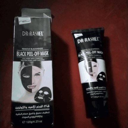 Dr. Rashel black peel-off charcoal mask showing box packaging and tube on a surface, used for blackhead removal and deep pore cleansing
