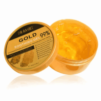 An open jar of Dr. Rashel Gold Soothing Gel 99% (300g) with a golden-yellow gel texture, shown alongside its lid, highlighting its soothing and skin-revitalizing properties.