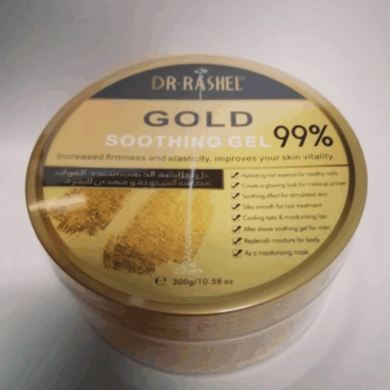 A closed jar of Dr. Rashel Gold Soothing Gel 99% (300g) with a gold-colored lid, displaying product details about improving skin elasticity and providing soothing, moisturizing benefits.