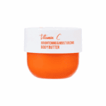 A jar of Dr. Rashel Vitamin C Brightening and Moisturizing Body Butter (250g) with a white lid and bright orange container, designed to hydrate and brighten the skin, shown against a plain background.