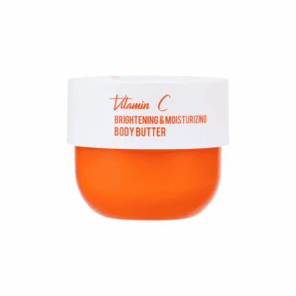 A jar of Dr. Rashel Vitamin C Brightening and Moisturizing Body Butter (250g) with a white lid and bright orange container, designed to hydrate and brighten the skin, shown against a plain background.