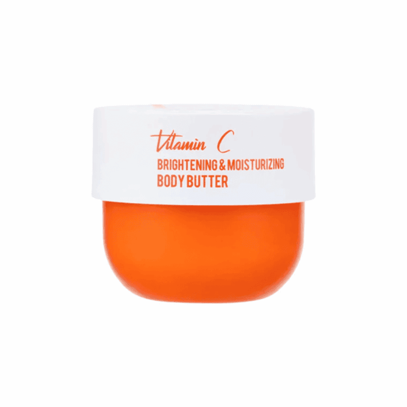 A jar of Dr. Rashel Vitamin C Brightening and Moisturizing Body Butter (250g) with a white lid and bright orange container, designed to hydrate and brighten the skin, shown against a plain background.