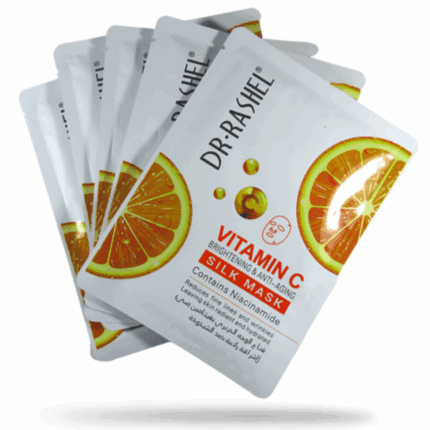 A set of Dr. Rashel Vitamin C Brightening and Anti-Aging Silk Mask sachets (5 pieces) featuring orange graphics, formulated with niacinamide to help brighten skin and reduce fine lines.