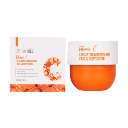 A jar and box of Dr. Rashel Vitamin C Exfoliating and Brightening Face and Body Scrub (250ml) with a white and orange design, formulated to remove dead skin and enhance skin brightness, displayed against a clean background.