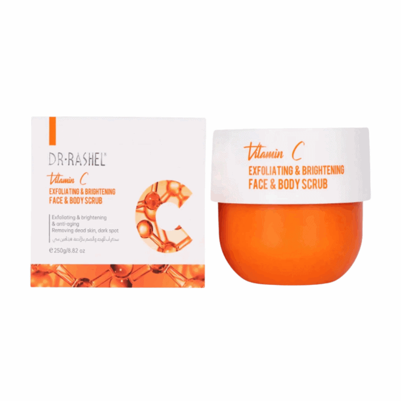 A jar and box of Dr. Rashel Vitamin C Exfoliating and Brightening Face and Body Scrub (250ml) with a white and orange design, formulated to remove dead skin and enhance skin brightness, displayed against a clean background.