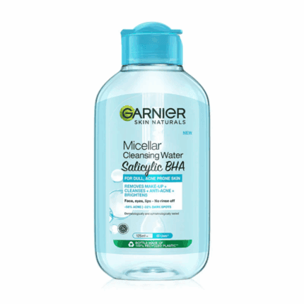 Garnier Micellar Cleansing Water with Salicylic BHA for dull acne prone skin, removes makeup, cleanses and helps reduce acne and dark spots.