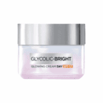 Glycolic-Bright Glowing Cream Day SPF 17 skincare moisturizer in a frosted pink jar with a silver lid on a white background.