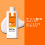 La Roche-Posay Anthelios SPF 50 body sunscreen bottle with text instructing to apply 15 minutes before sun exposure on an orange background.